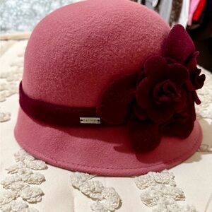 Betmar Pink 100% Wool Cloche Hat with Burgundy Felt Floral Accent